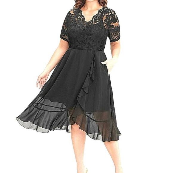 Sz 12 • Large •BloomChic •Lace Bodice Ruffle Trim Mock Wrap Dress W/ POCKETS - Picture 1 of 10